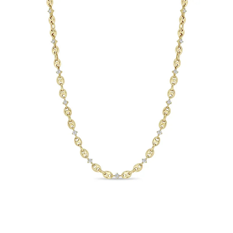 14k Linked Prong Diamond & Small Puffed Mariner Chain Necklace sold by Zoe Chicco