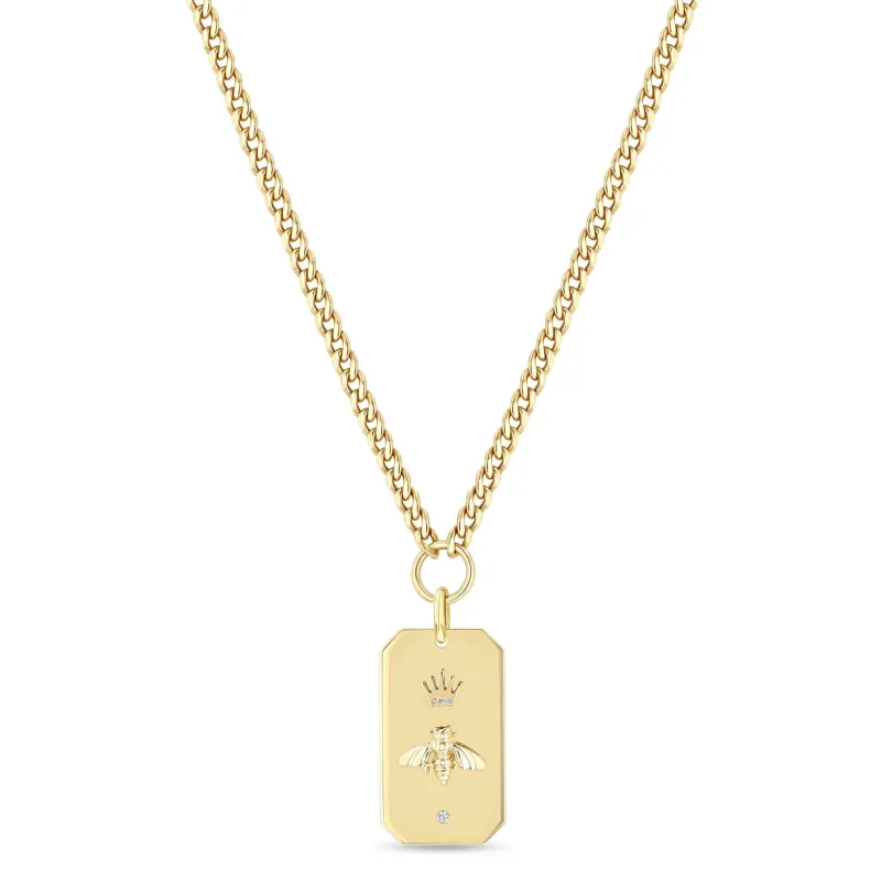 14k Queen Bee Large Square Edge Dog Tag Curb Chain Necklace sold by Zoe Chicco