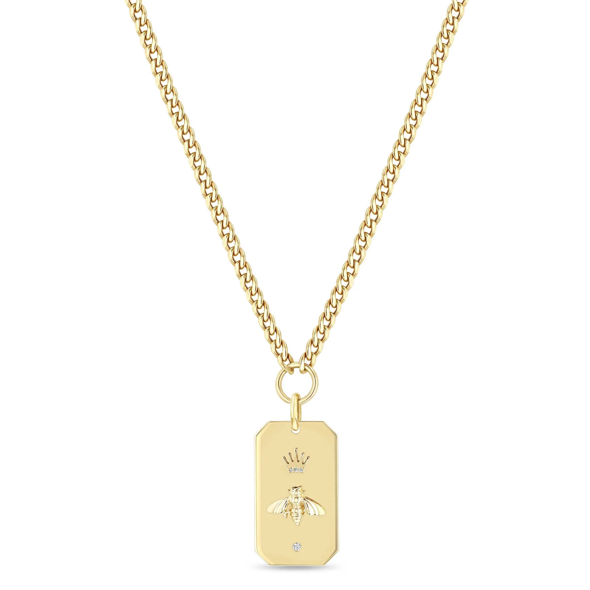 14k Queen Bee Large Square Edge Dog Tag Curb Chain Necklace sold by Zoe Chicco