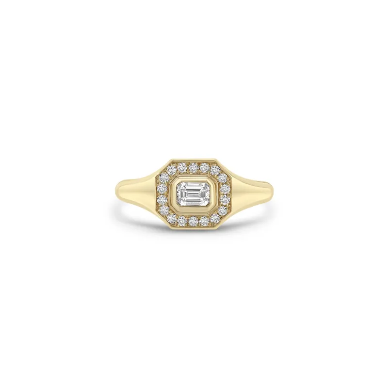 14k Emerald Cut Diamond Halo Signet Ring sold by Zoe Chicco