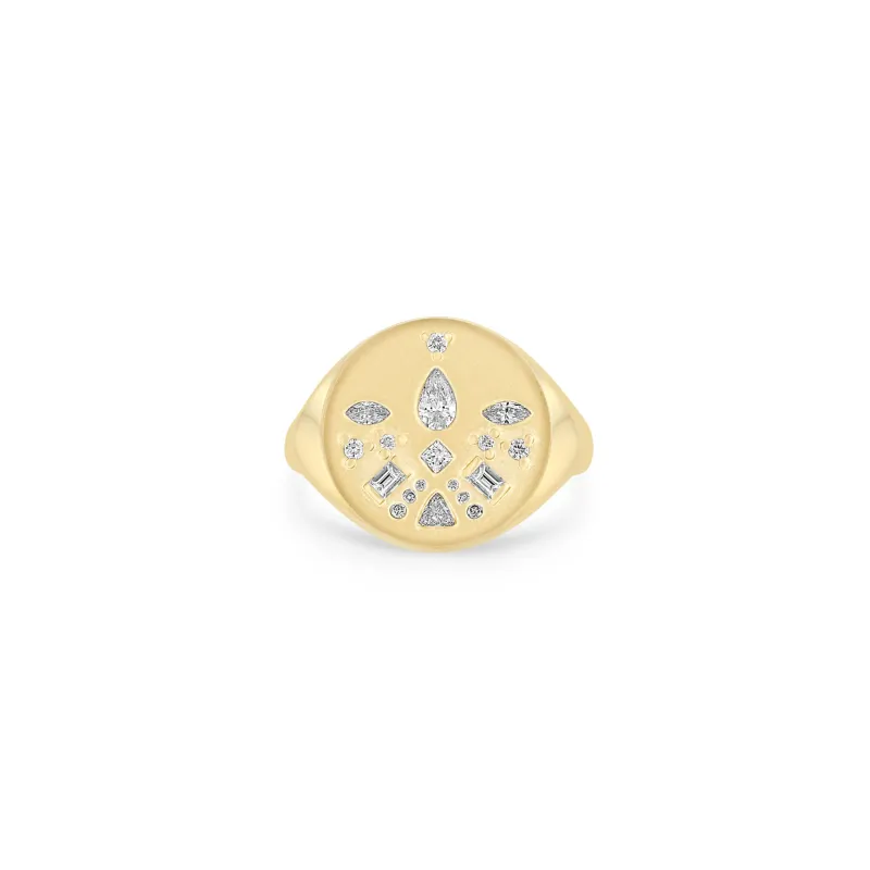 14k Diamond Mosaic Brushed Gold Round Signet Ring sold by Zoe Chicco