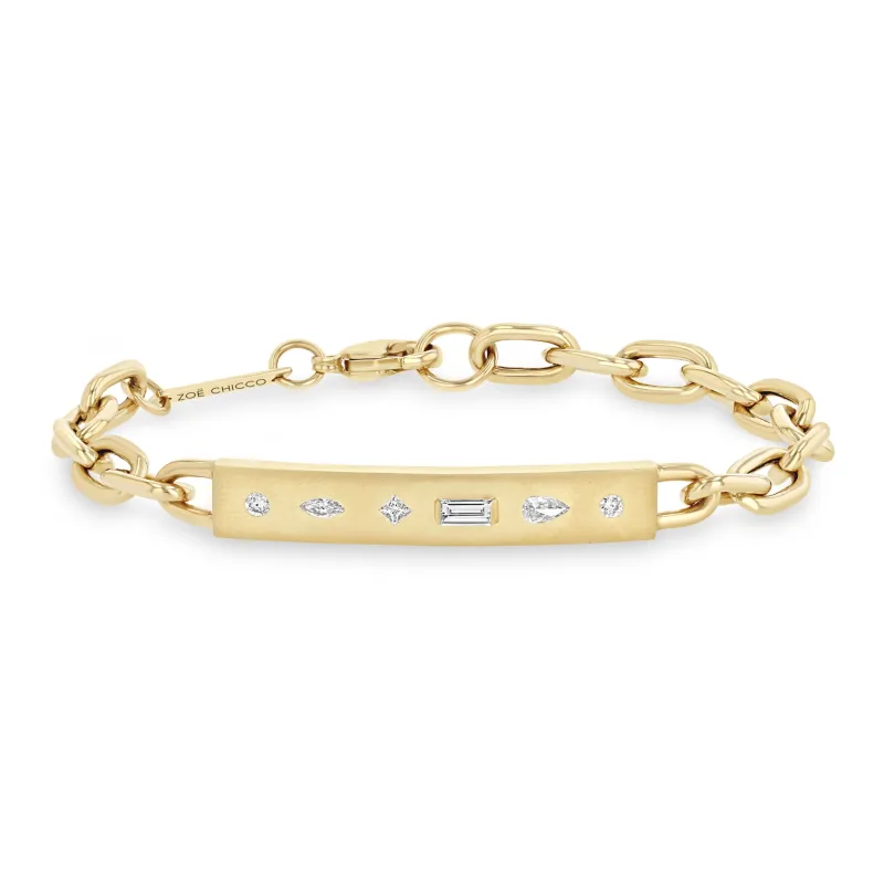 14k Diamond Mosaic Brushed Gold Horizontal ID Bar Bracelet sold by Zoe Chicco