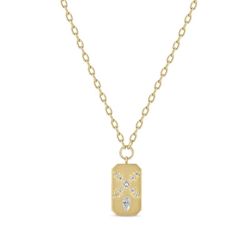 14k Diamond Mosaic Brushed Gold Vertical Dog Tag Square Oval Chain Necklace sold by Zoe Chicco