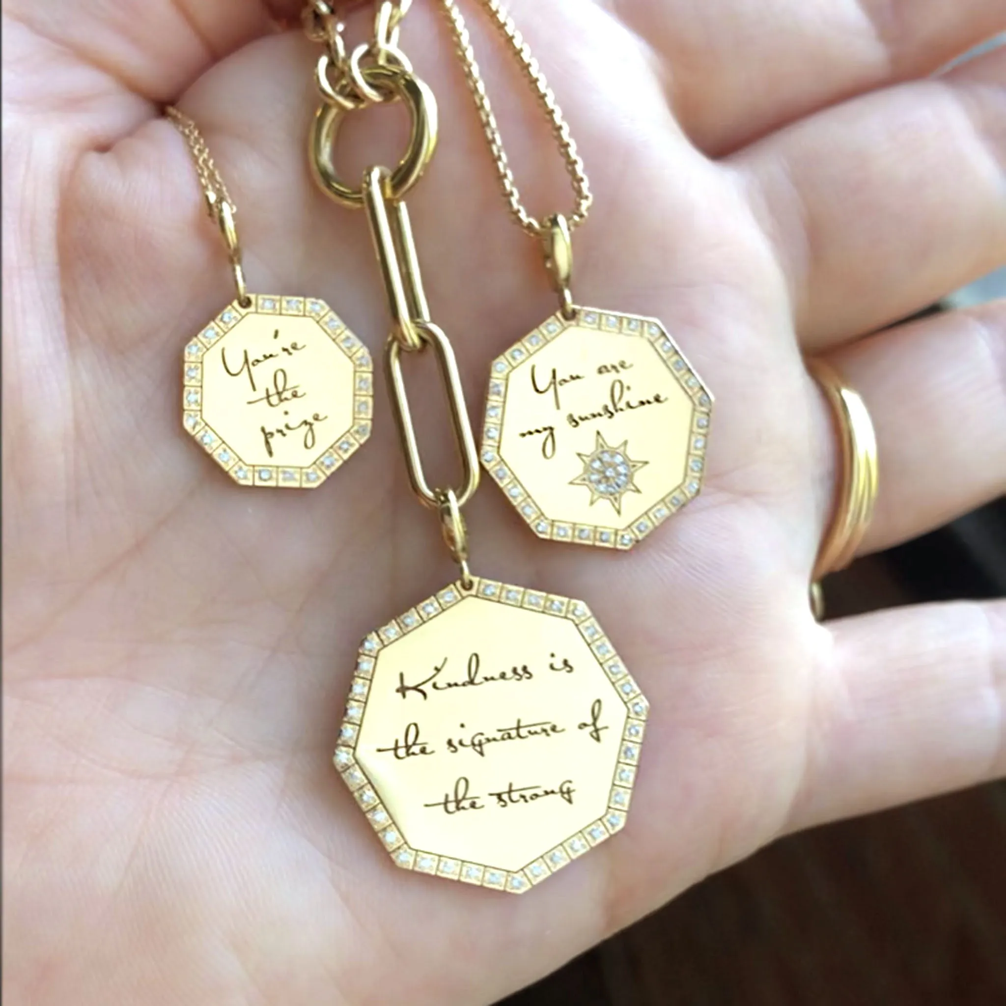 14k Single Medium "You are my sunshine" Octagon Mantra Charm Pendant sold by Zoe Chicco product image thumbnail 3