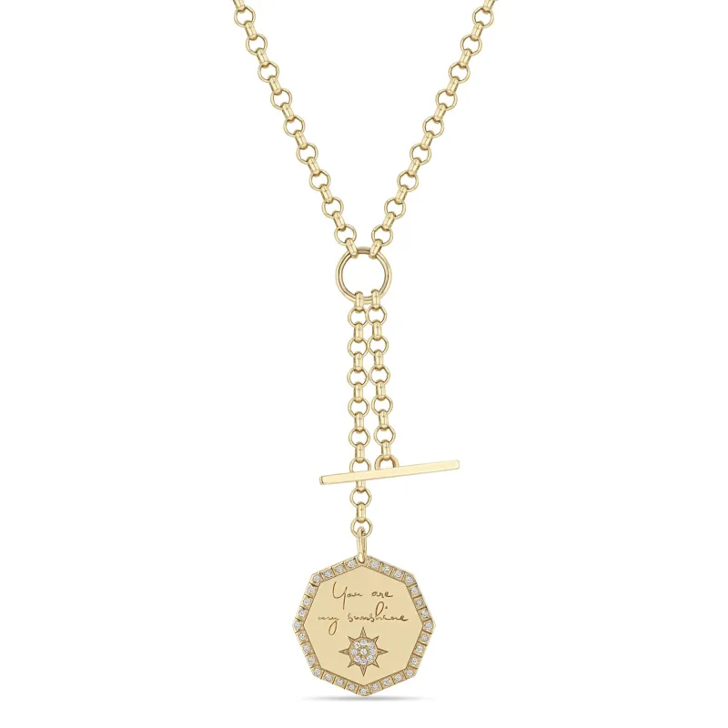 14k Medium "You are my sunshine" Diamond Octagon Mantra & Toggle Rolo Chain Lariat sold by Zoe Chicco