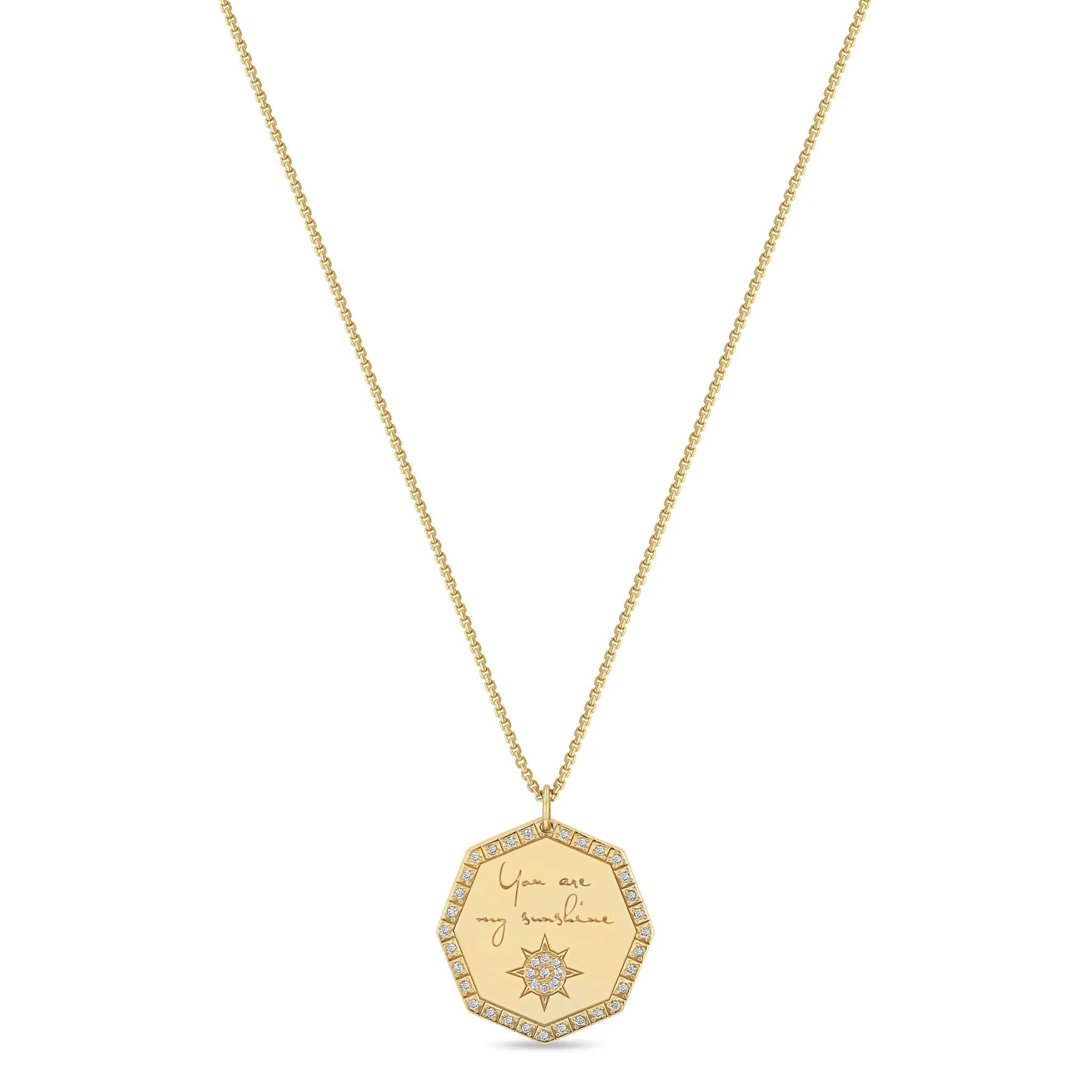 14k Medium "You are my sunshine" Diamond Octagon Mantra Box Chain Necklace sold by Zoe Chicco