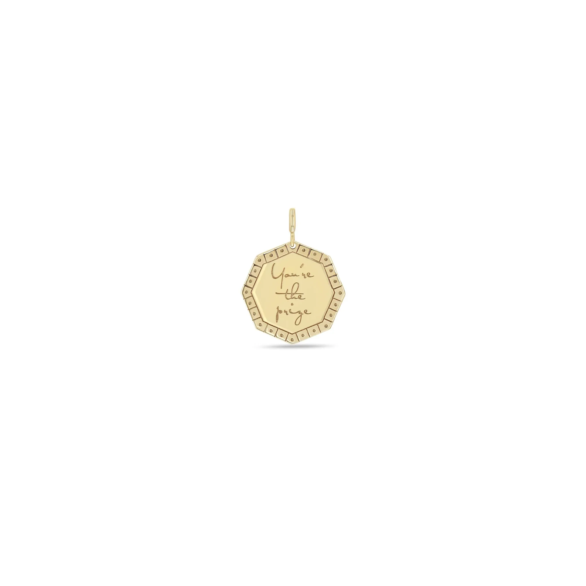 14k Single Small "You're the prize" Octagon Mantra Charm Pendant sold by Zoe Chicco product image thumbnail 5