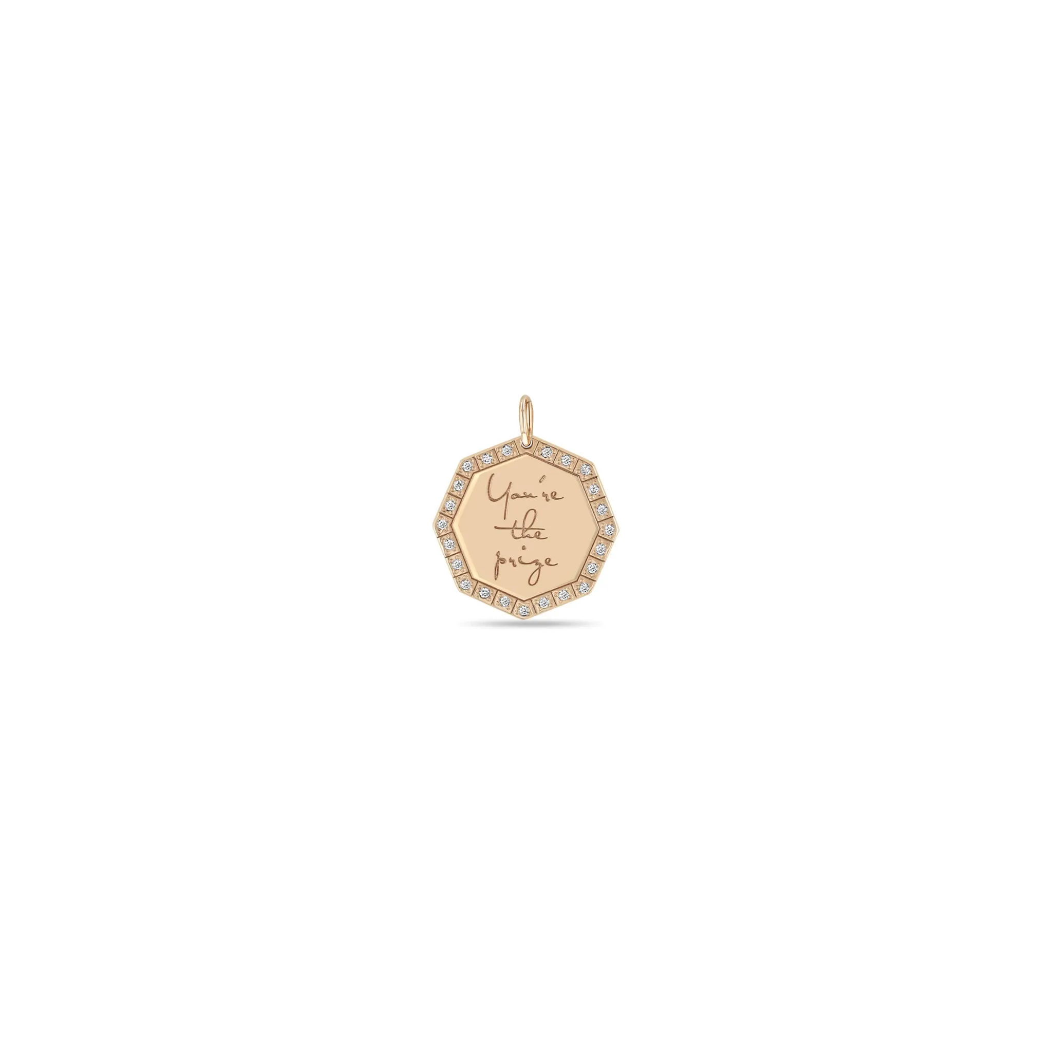 14k Single Small "You're the prize" Octagon Mantra Charm Pendant sold by Zoe Chicco product image thumbnail 3