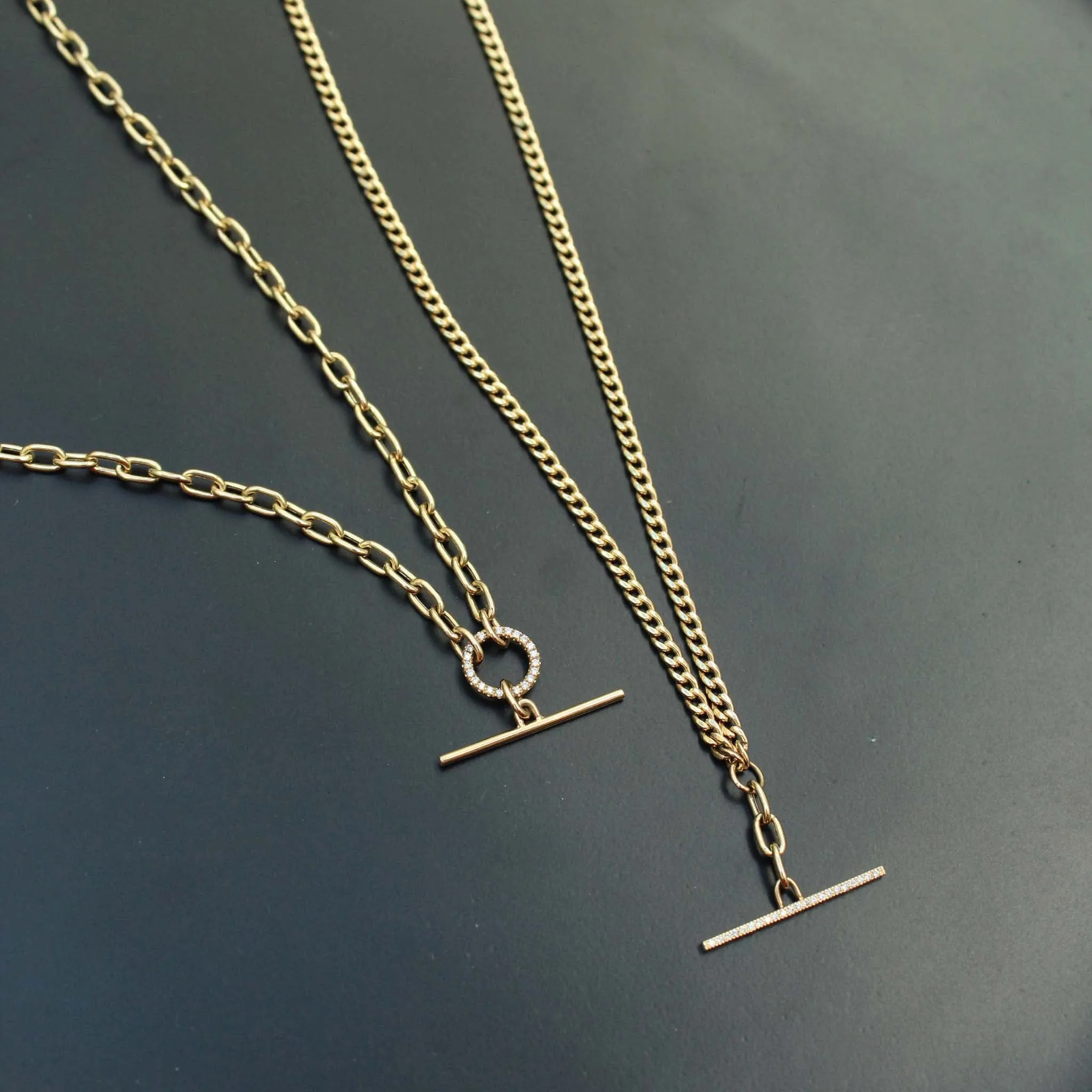 14k Mixed Small Curb & Medium Square Oval Chain Pavé Diamond Toggle Lariat Necklace sold by Zoe Chicco product image thumbnail 4