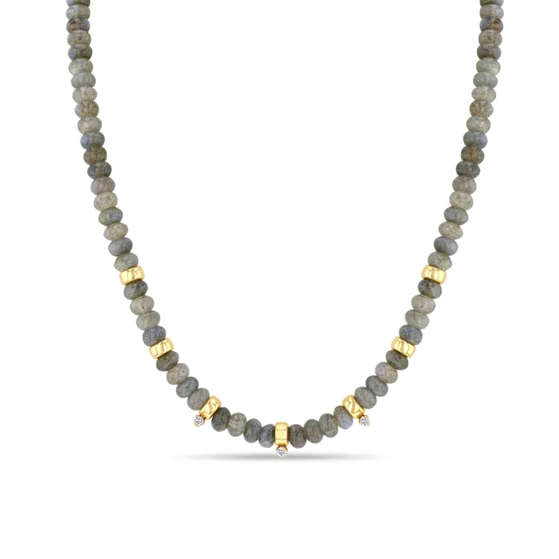 14k Gold & Labradorite Rondelle Bead Necklace with 3 Prong Diamonds sold by Zoe Chicco