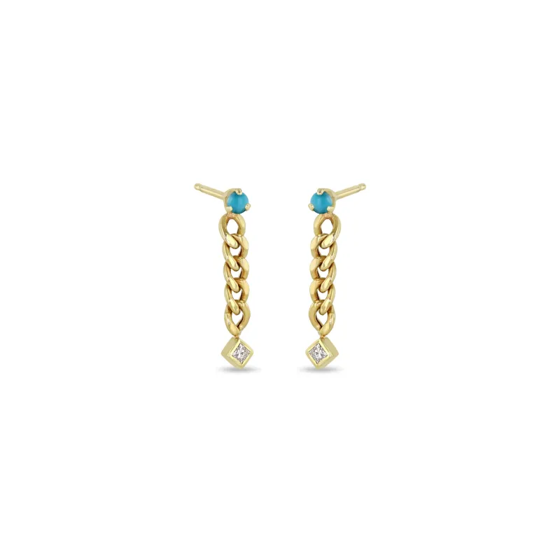 14k Prong Turquoise & Princess Diamond Small Curb Chain Drop Earrings sold by Zoe Chicco