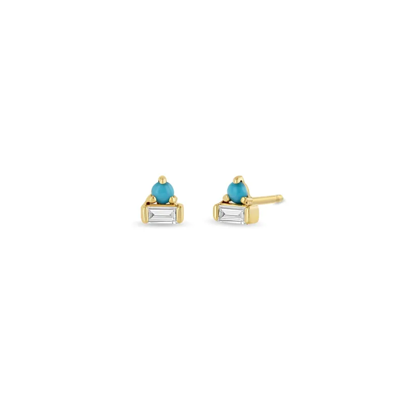 14k Baguette Diamond & Prong Turquoise Stacked Studs sold by Zoe Chicco