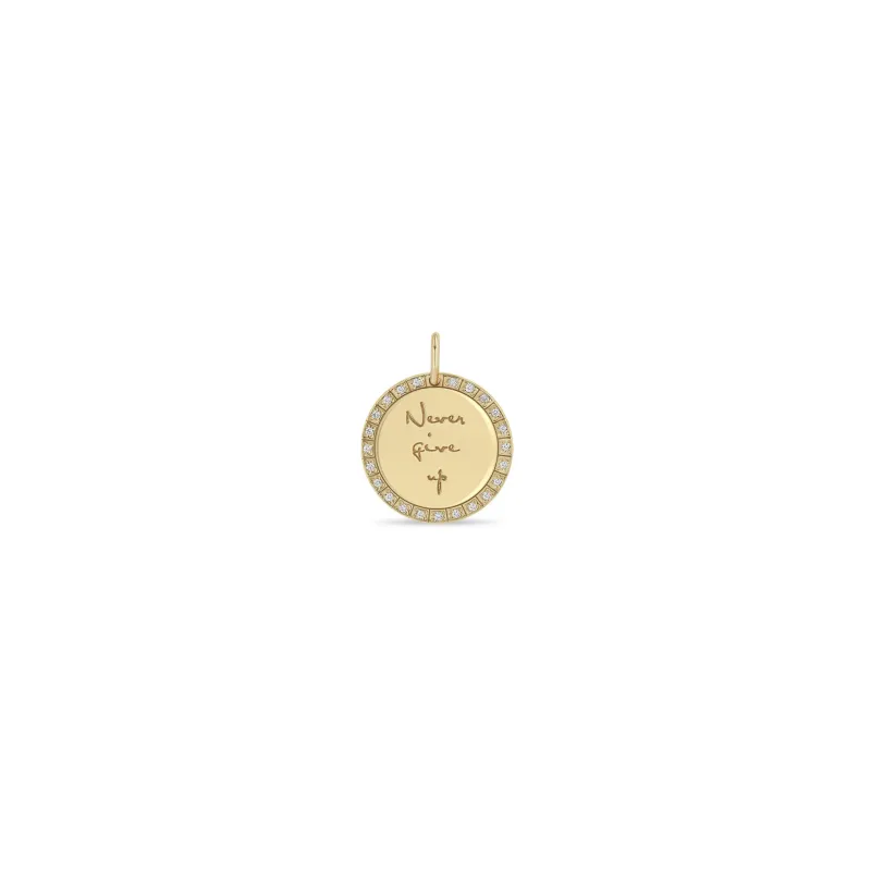 14k Single Small Mantra with Diamond Border Disc Charm sold by Zoe Chicco