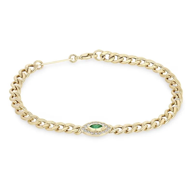 14k Medium Curb Chain Marquise Emerald Halo Bracelet sold by Zoe Chicco