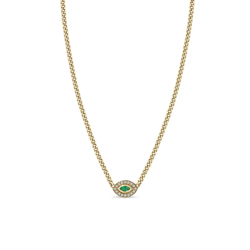 14k XS Curb Chain Marquise Emerald Halo Necklace sold by Zoe Chicco