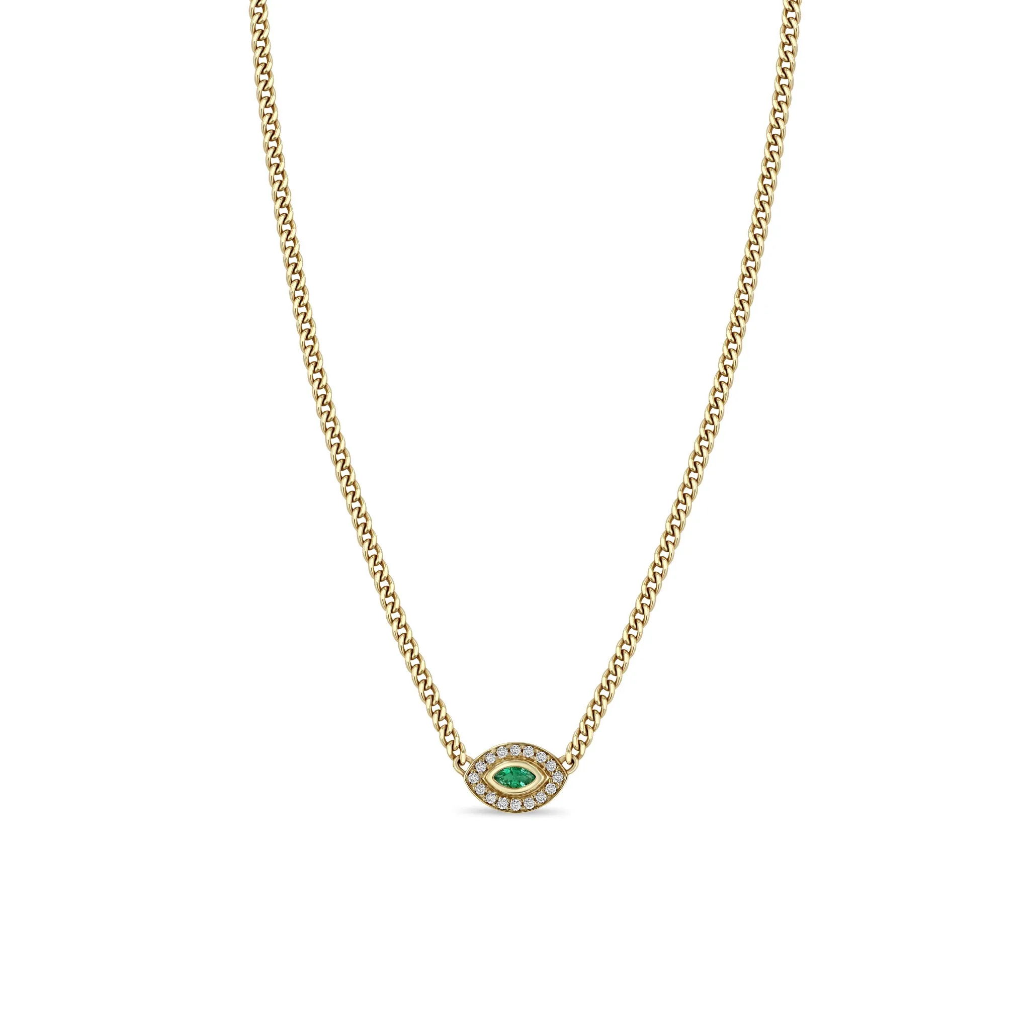 14k XS Curb Chain Marquise Emerald Halo Necklace sold by Zoe Chicco
