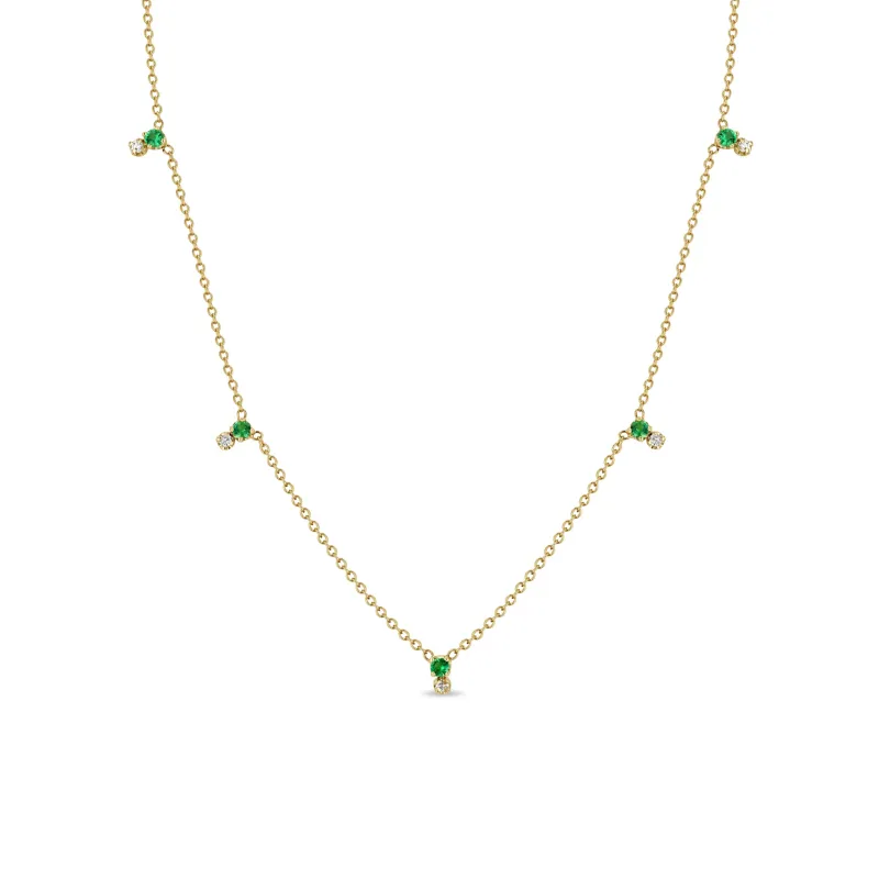 14k Stacked Prong Emerald & Diamond Station Necklace sold by Zoe Chicco