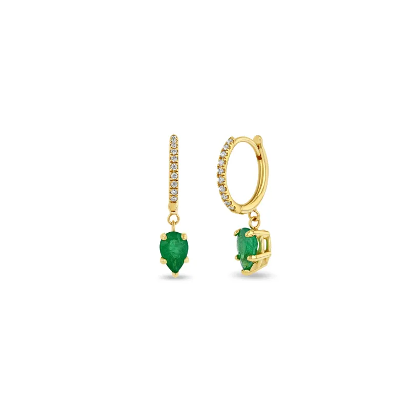 14k Medium Pavé Diamond Hinge Huggie Hoops with Pear Emeralds sold by Zoe Chicco