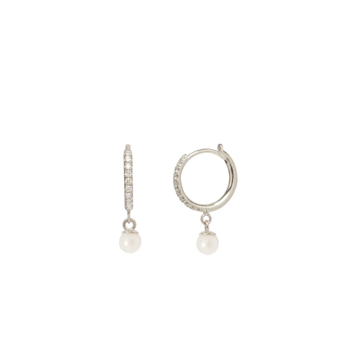 14k Medium Pavé Diamond Hinge Huggie Hoops with Dangling Pearls sold by Zoe Chicco product image thumbnail 5