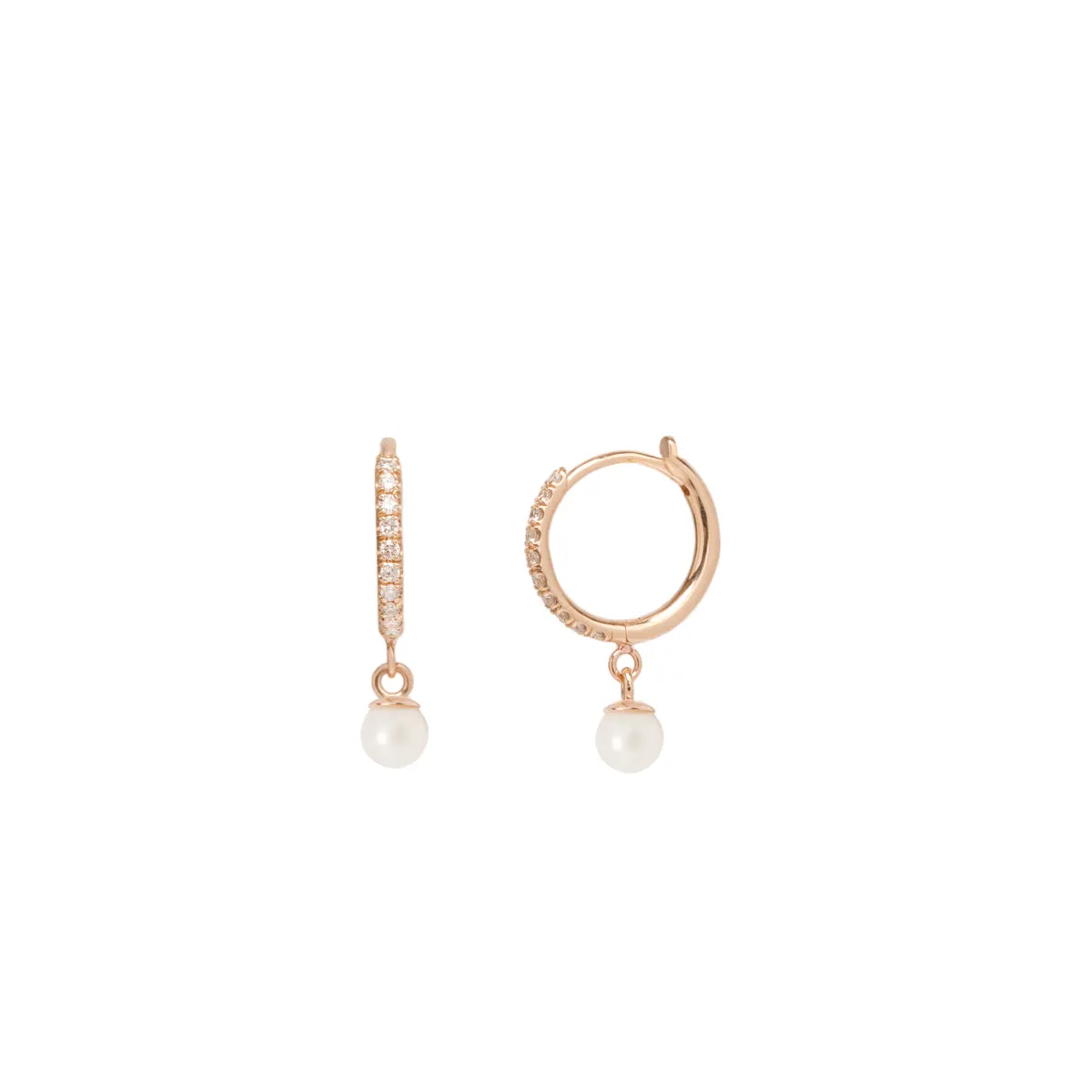 14k Medium Pavé Diamond Hinge Huggie Hoops with Dangling Pearls sold by Zoe Chicco product image thumbnail 3