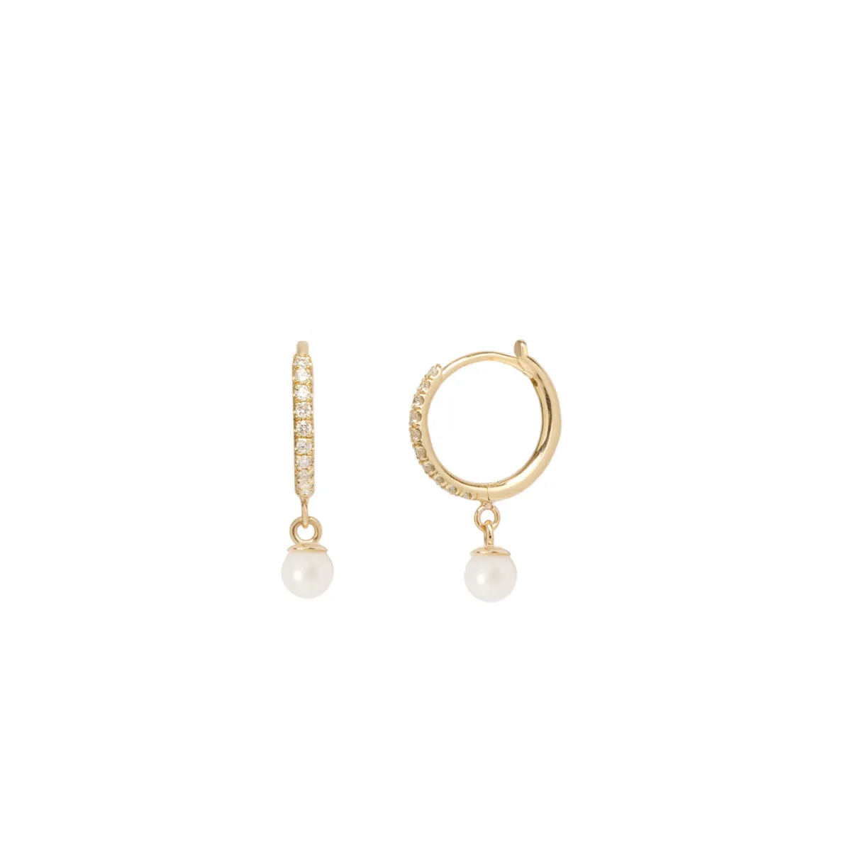 14k Medium Pavé Diamond Hinge Huggie Hoops with Dangling Pearls sold by Zoe Chicco