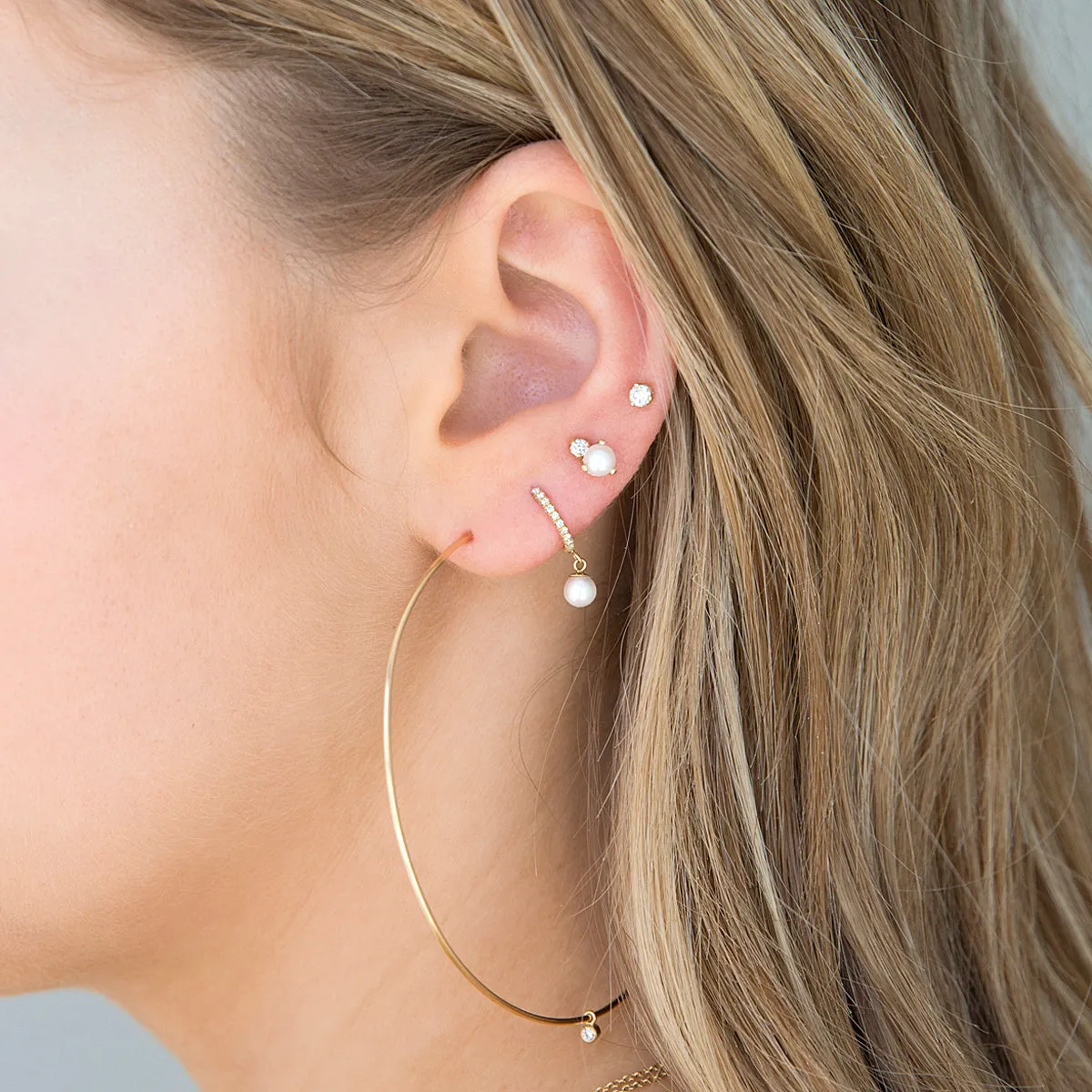 14k Medium Pavé Diamond Hinge Huggie Hoops with Dangling Pearls sold by Zoe Chicco product image thumbnail 2