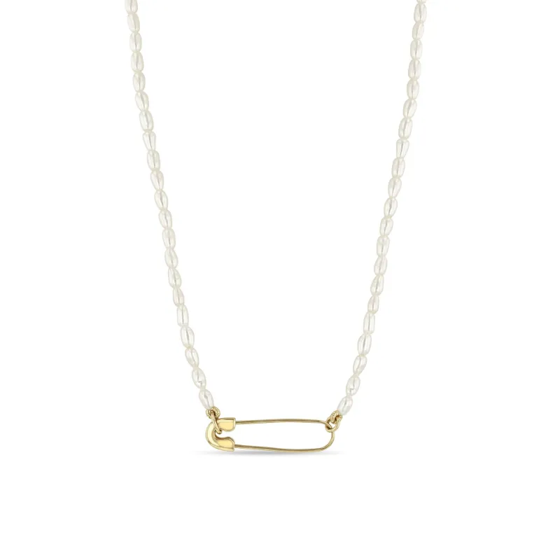 14k Gold Safety Pin Rice Pearl Necklace sold by Zoe Chicco