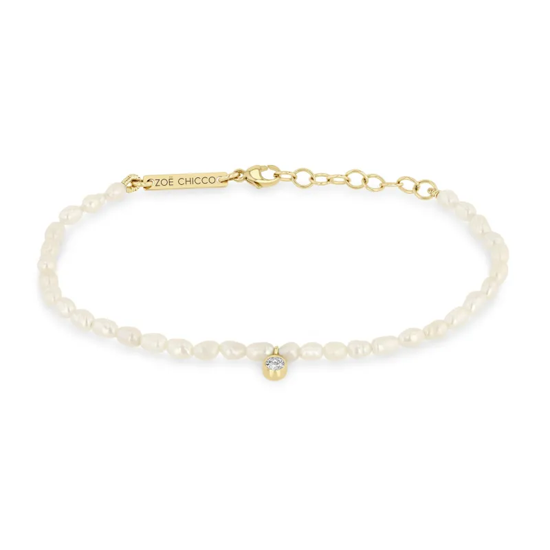 14k Diamond Charm Rice Pearl Bracelet sold by Zoe Chicco