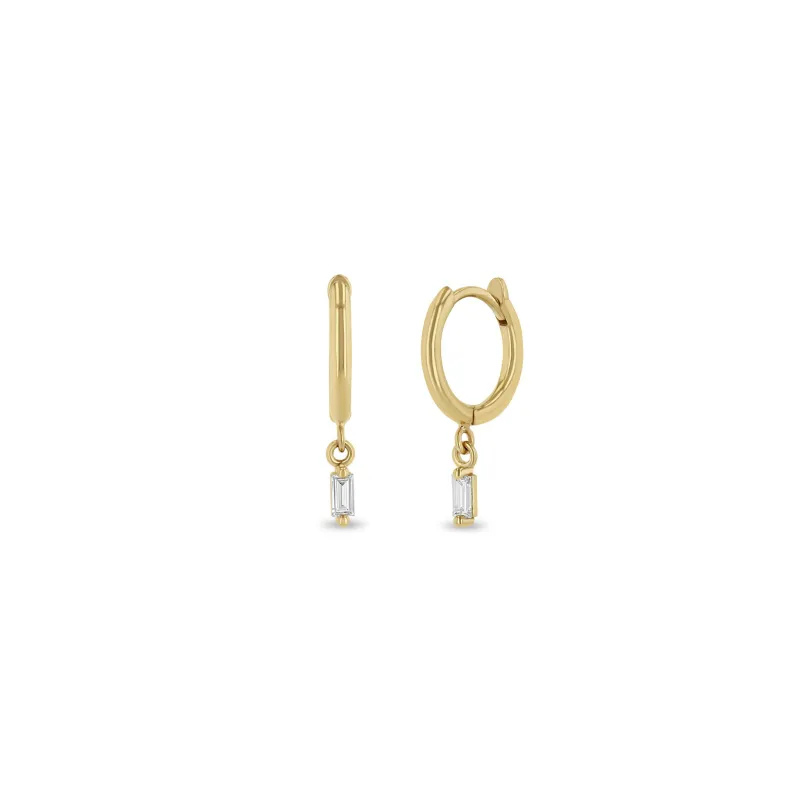 14k Dangling Baguette Diamond Small Hinge Huggie Hoops sold by Zoe Chicco
