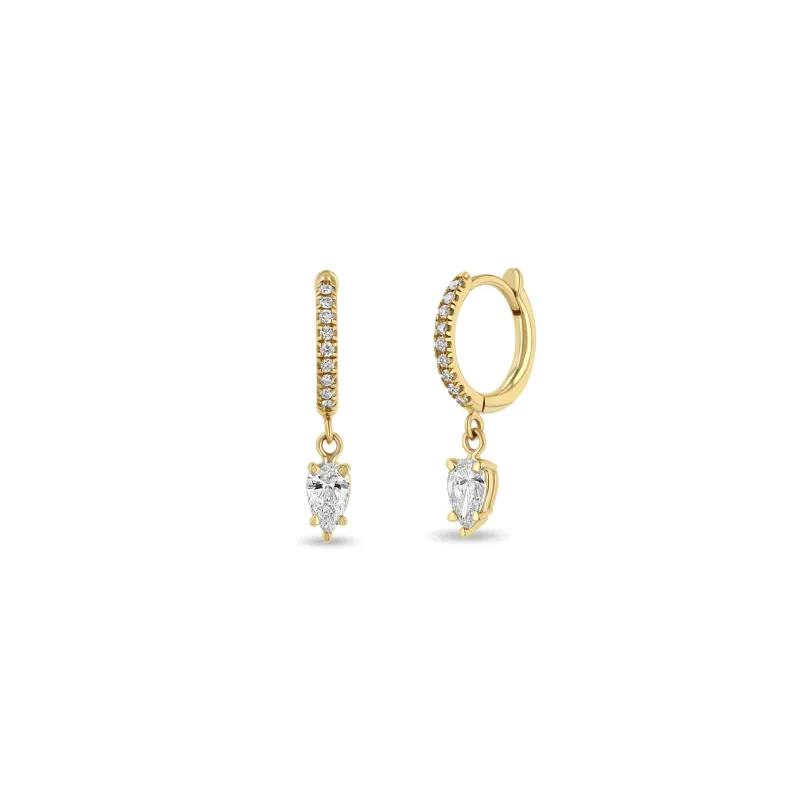 14k Dangling Pear Diamond Small Pavé Diamond Hinge Huggie Hoops sold by Zoe Chicco