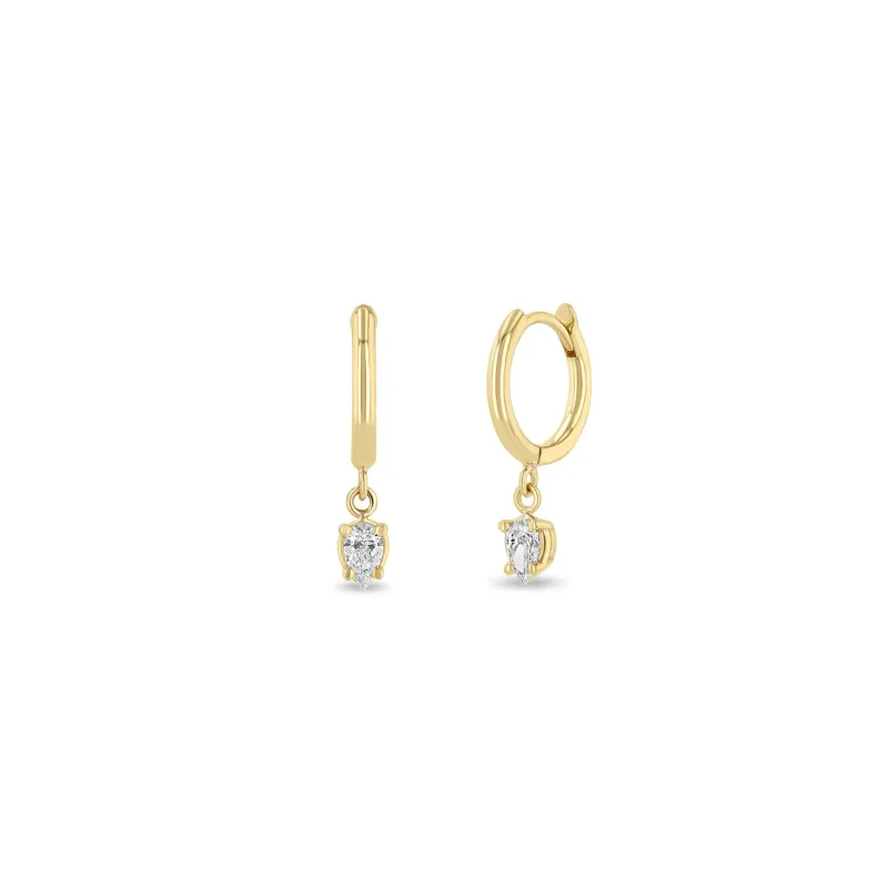14k Dangling Pear Diamond Small Hinge Huggie Hoops sold by Zoe Chicco