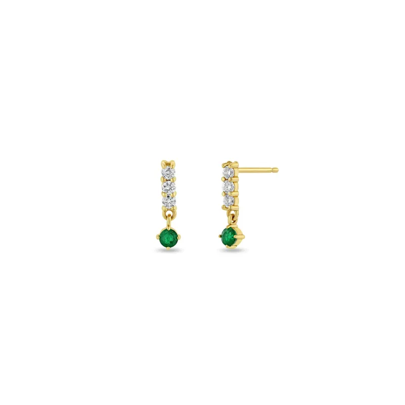 14k Diamond Bar Drop with Dangling Prong Emerald Earrings sold by Zoe Chicco