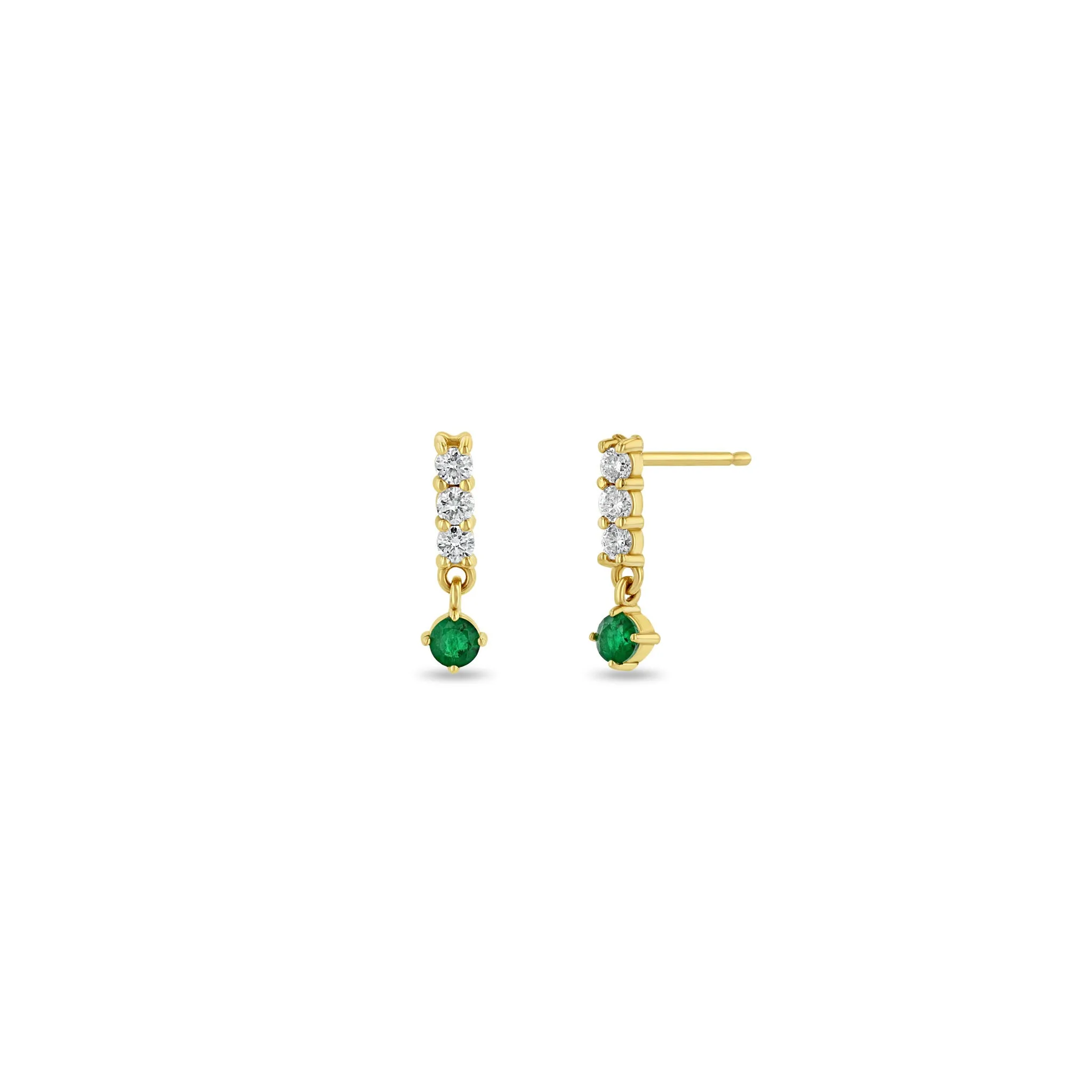 14k Diamond Bar Drop with Dangling Prong Emerald Earrings sold by Zoe Chicco