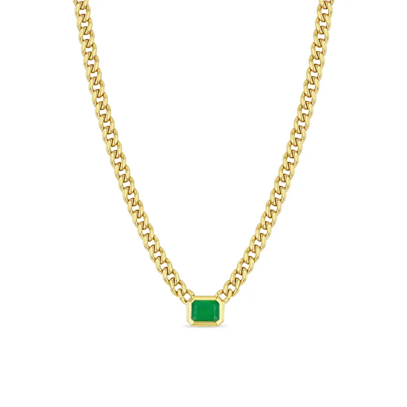 14k Emerald Cut Emerald Bezel Medium Curb Chain Necklace sold by Zoe Chicco