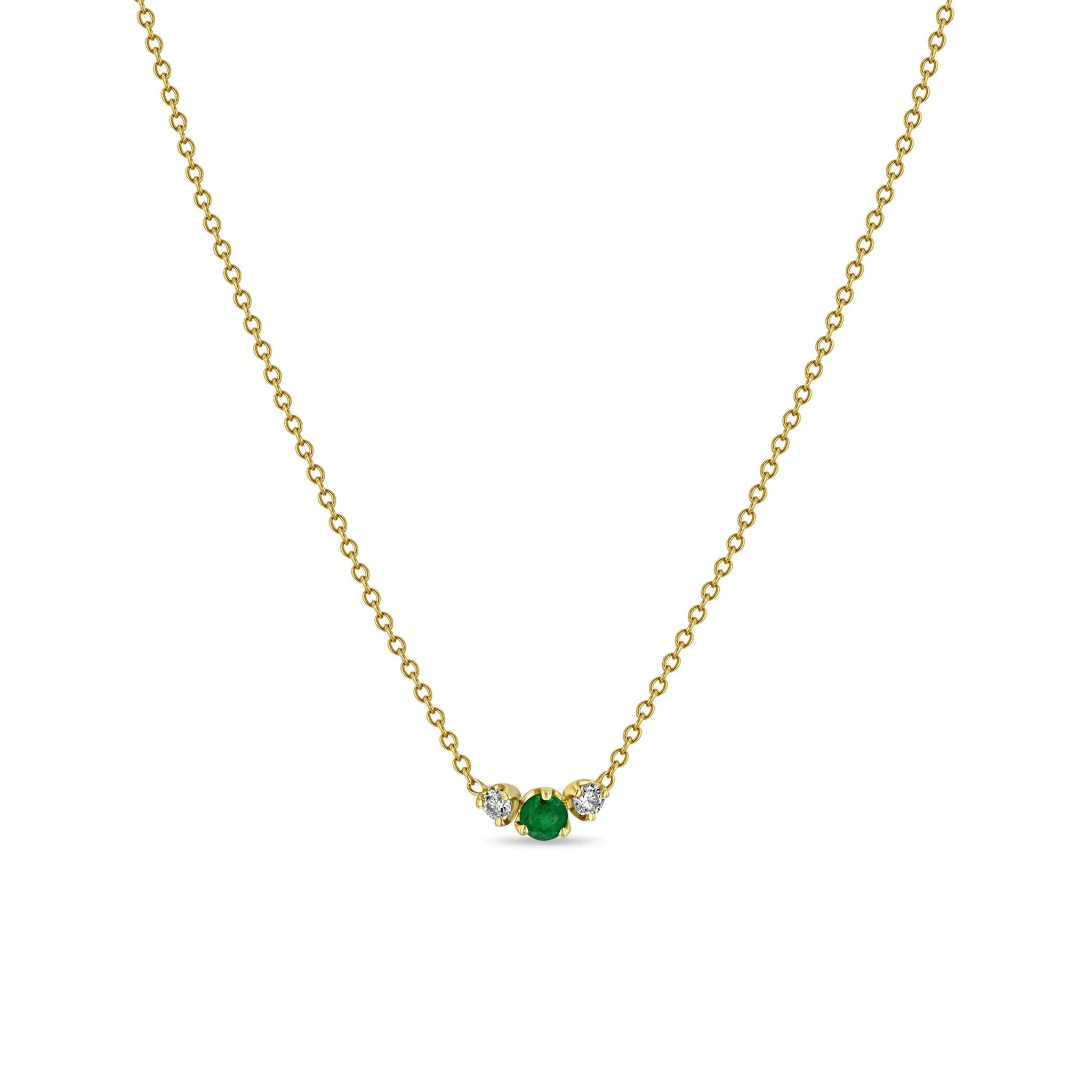 14k Mixed Prong Emerald & Diamond Trio Necklace sold by Zoe Chicco