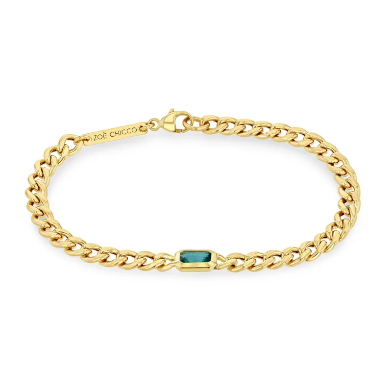 14k Emerald Cut Emerald Bezel Medium Curb Chain Bracelet sold by Zoe Chicco