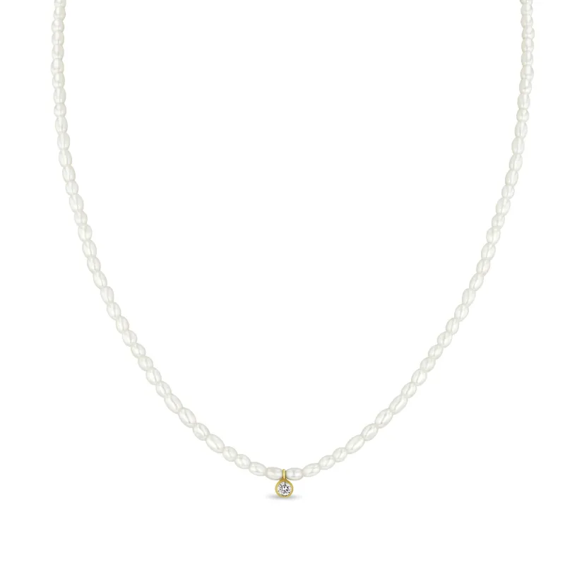 14k Diamond Pendant Rice Pearl Necklace sold by Zoe Chicco