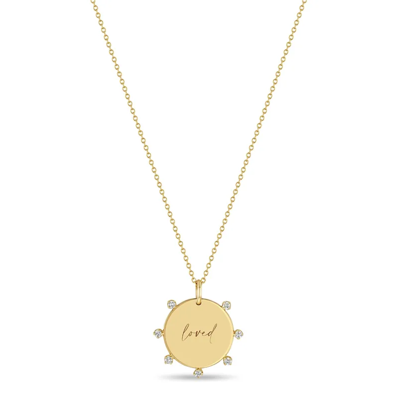 14k Small "loved" Disc with Prong Diamonds Pendant Necklace sold by Zoe Chicco