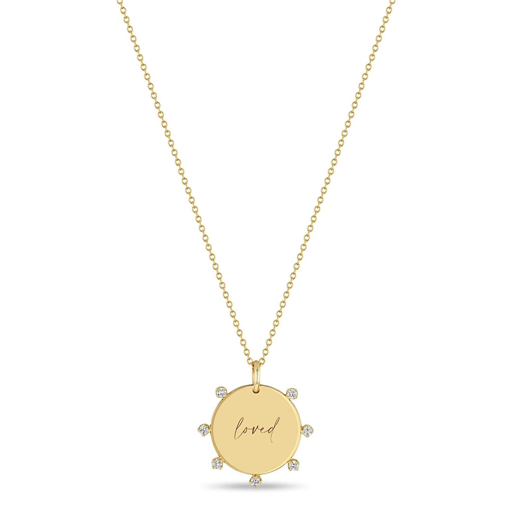 14k Small "loved" Disc with Prong Diamonds Pendant Necklace sold by Zoe Chicco