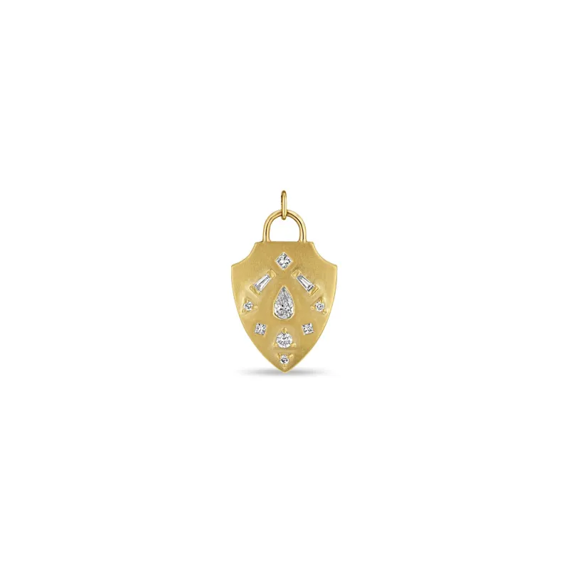 14k Single Diamond Mosaic Brushed Gold Shield Pendant sold by Zoe Chicco