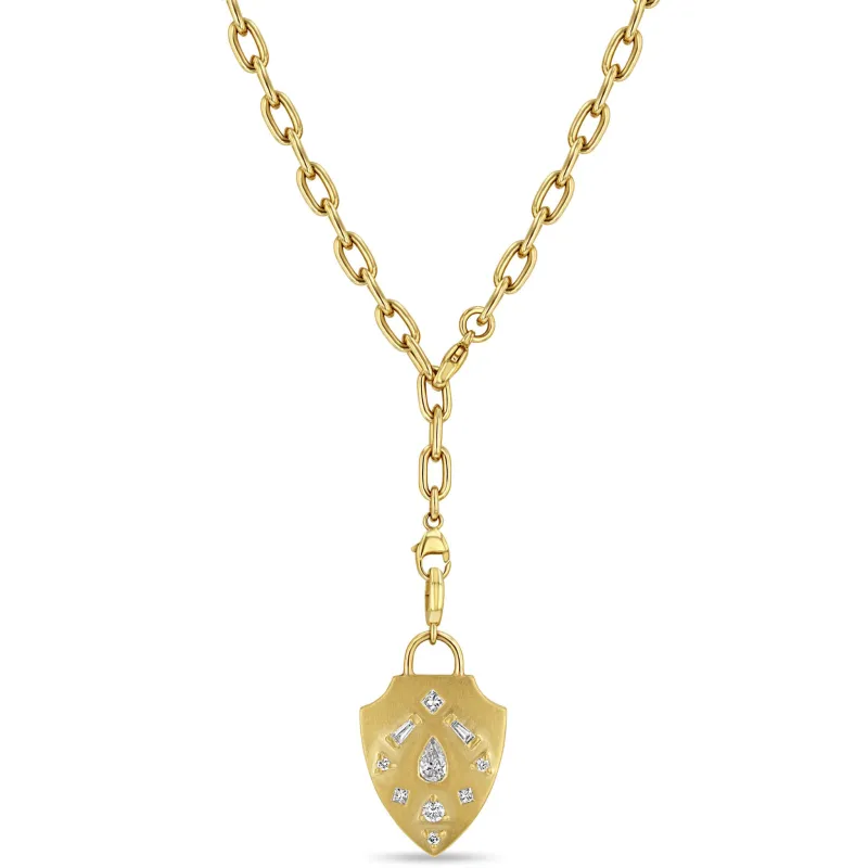 14k Diamond Mosaic Brushed Gold Shield Adjustable Chain Necklace sold by Zoe Chicco