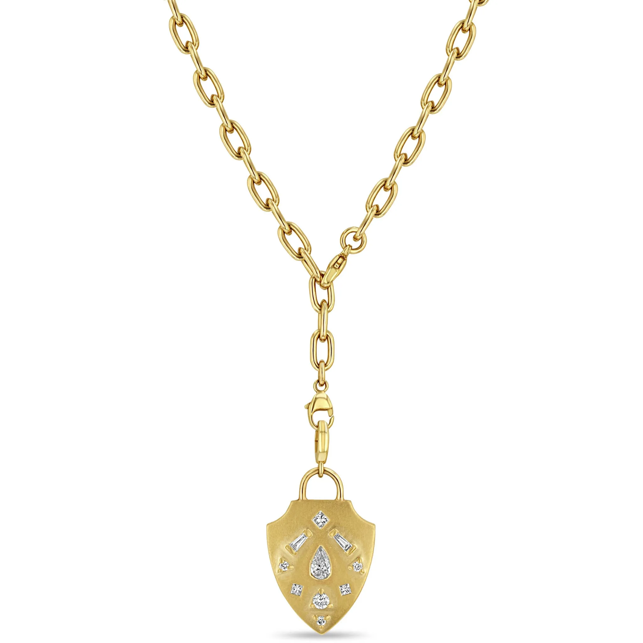 14k Diamond Mosaic Brushed Gold Shield Adjustable Chain Necklace sold by Zoe Chicco