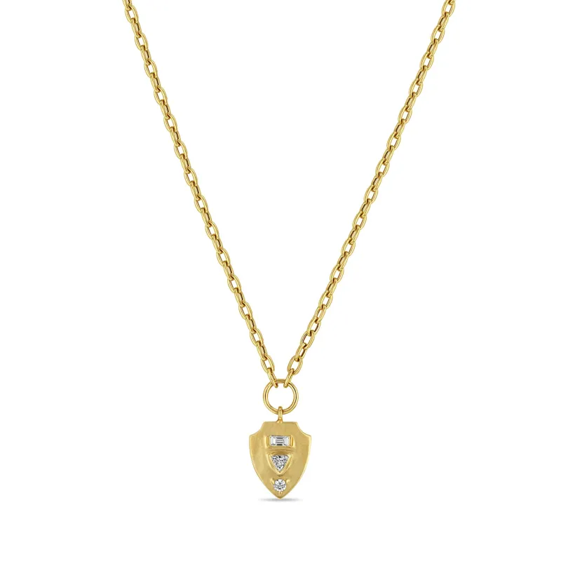 14k Mixed Cut Diamond Brushed Gold Shield Pendant Necklace sold by Zoe Chicco