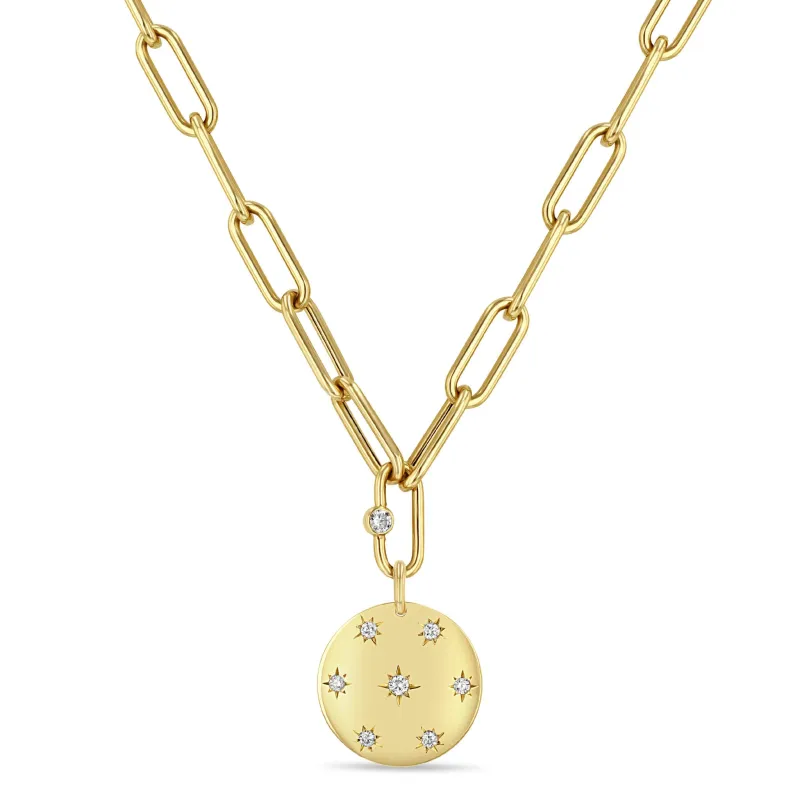 14k Scattered Star Set Diamonds Aura Disc Large Paperclip Chain Necklace sold by Zoe Chicco