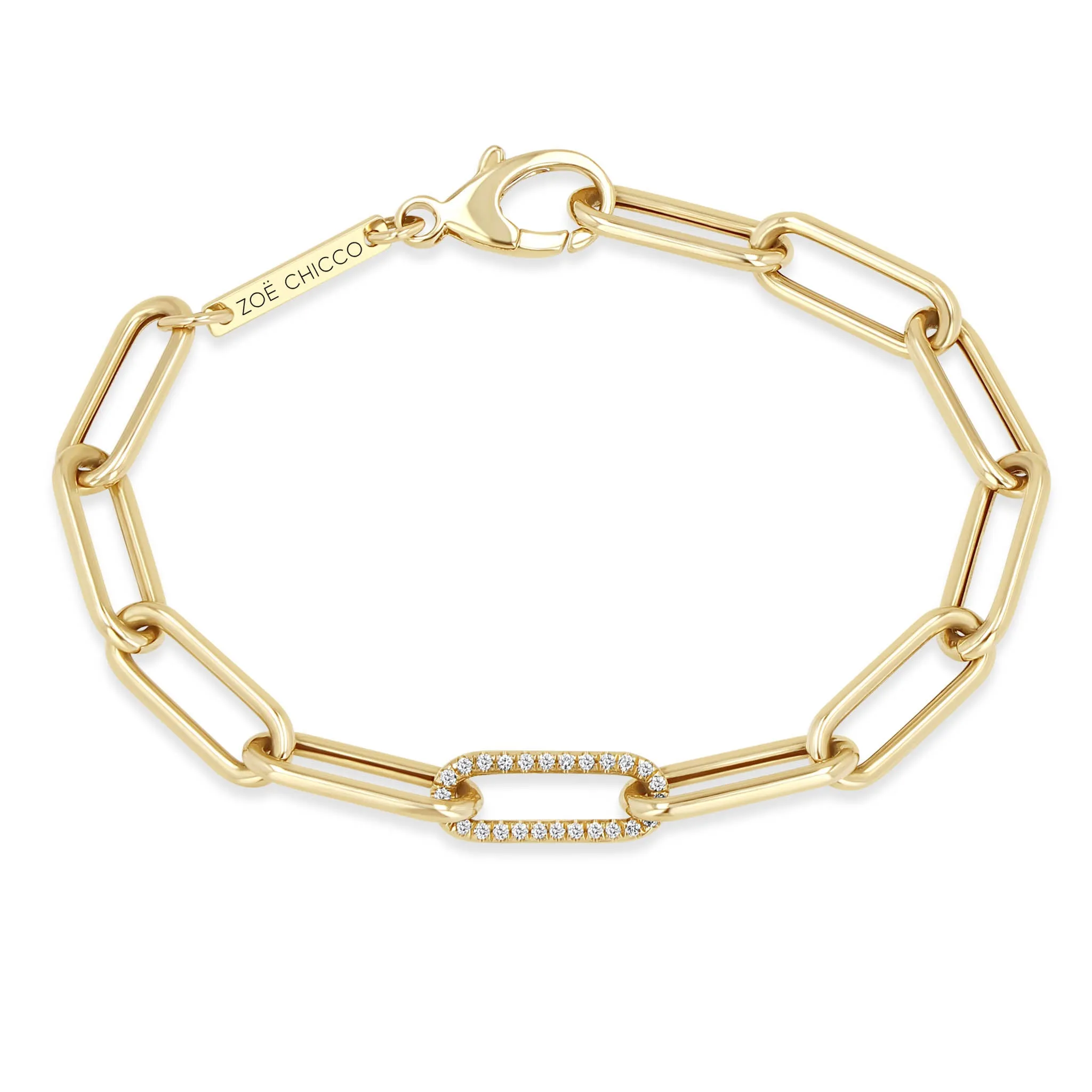 14k Single Pavé Diamond Link Large Paperclip Chain Bracelet sold by Zoe Chicco