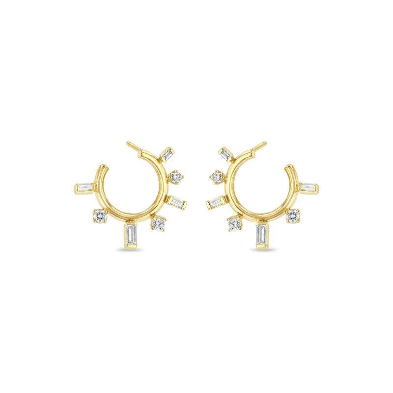 14k Baguette & Prong Diamond Front to Back Circle Hoops sold by Zoe Chicco