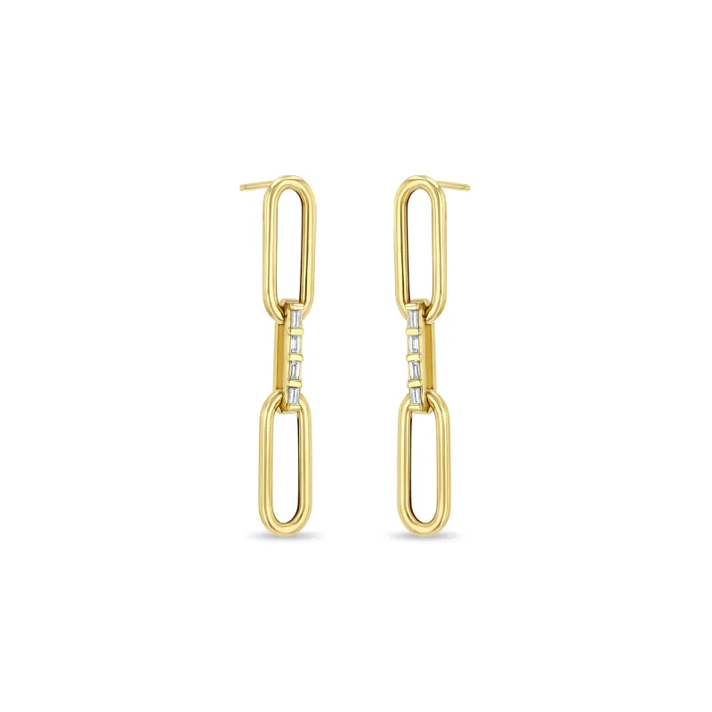 14k Large Paperclip Chain with Baguette Diamond Link Drop Earrings sold by Zoe Chicco