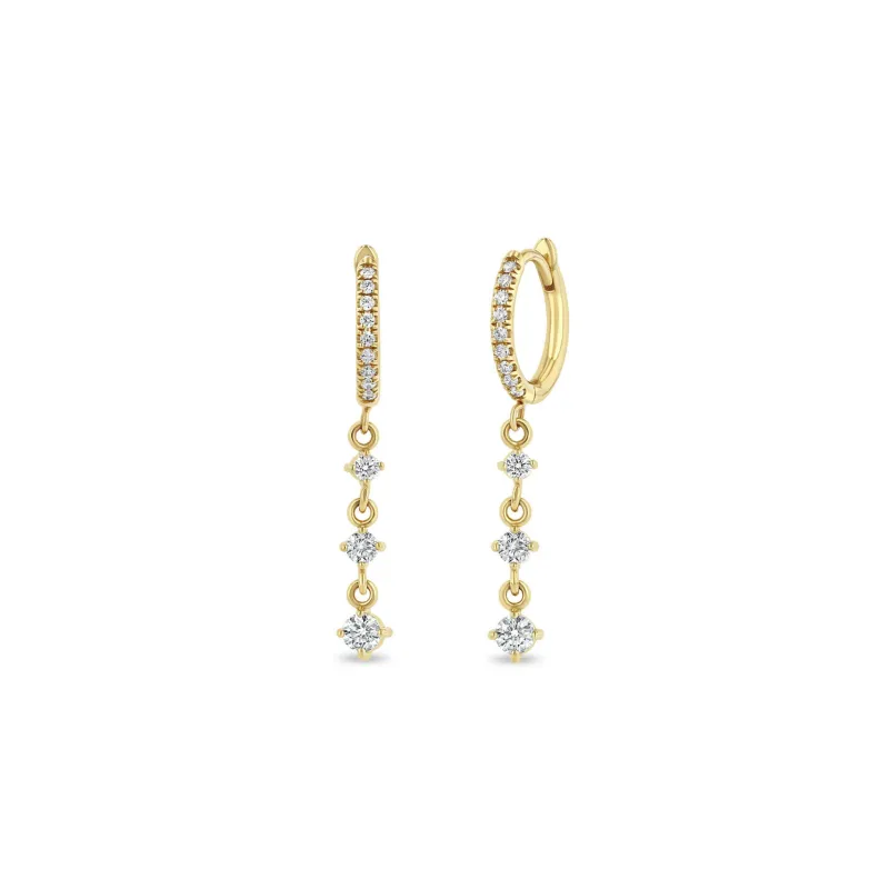 14k Small Pavé Diamond Hinge Huggie Hoops with Linked Diamond Drop sold by Zoe Chicco