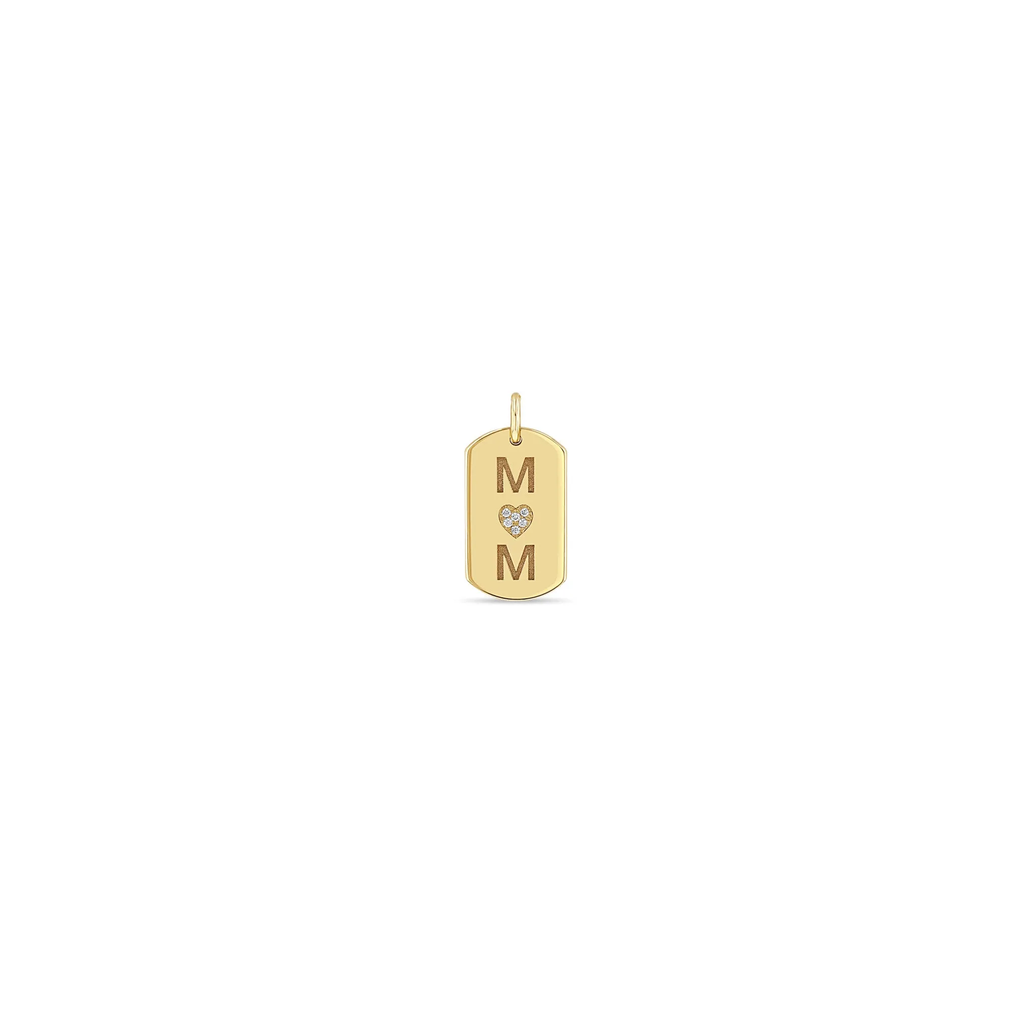 14k Single MOM with Pavé Diamond Heart X-Small Dog Tag Charm Pendant sold by Zoe Chicco