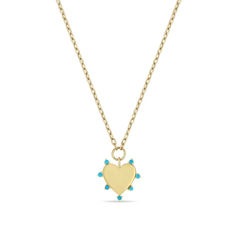 14k 7 Prong Turquoise Heart Pendant on Small Square Oval Chain sold by Zoe Chicco